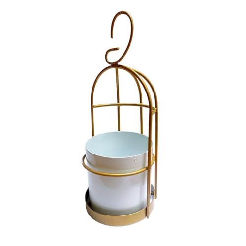 Image of Bird cage-Inspired Metal Hanging Planter with Leakproof Pot, Gold Cage Design, 23 cm Height, Space-Saving Indoor Outdoor Plant Holder (White-Pack -2)