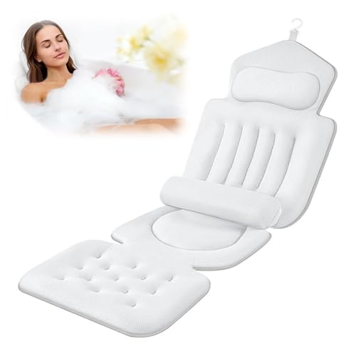 Badewannenkissen Ganzkörper (133 * 40cm), Badkissen mit 192 Saugnäpfen, 5D Air Mesh badewannenmatte, badewannenmatte mit Lendenstütze und Aufhängehaken, lässt Sich schnell trocknen
