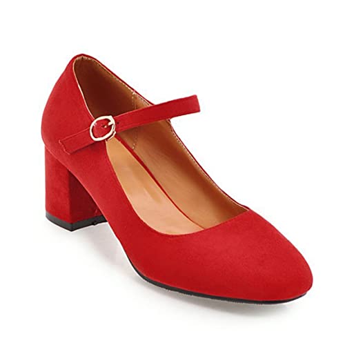 DEERBUNNY Elegant Womens Suede Chunky Block Heels Pumps Ankle Strap Round Toe Mary Jane Shoes Work Office Dress Shoes