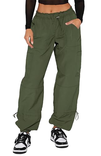 DISCIPBUSH Cargo Pants Women Baggy - Parachute Pants for Women, Rave Y2K Festival Outfits Army Green M
