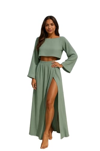 VCM 2 Piece Set High Slit Skirt Boho Maxi Dress Beach Cover Ups for Women Sarong Bikini Coverup Vacation Outfits