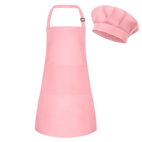 BOUBONI Kids Apron and Chef Hat Set Adjustable Chef Art Apron with 2 Pockets Toddler Chef Hat and Apron for Cooking Baking Painting (Pink)