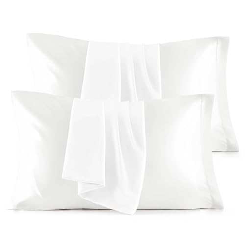 Image of Bedsure King Size Satin Pillowcase Set of 4 - Pure White Pillow Covers for Hair and Skin 20x36 Inches with Envelope Closure, Similar to Silk Pillow Cases, Gifts for Women Men