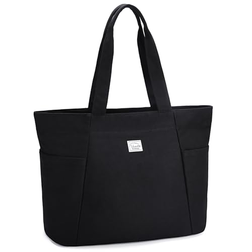 VASCHY Tote Bag Grande Ligera de Tela, Bolso Universidad Mujer Resistente con Múltiples Bolsillos para Oficina Colegio Trabajo Profesor Viaje Gimnasio, Negro