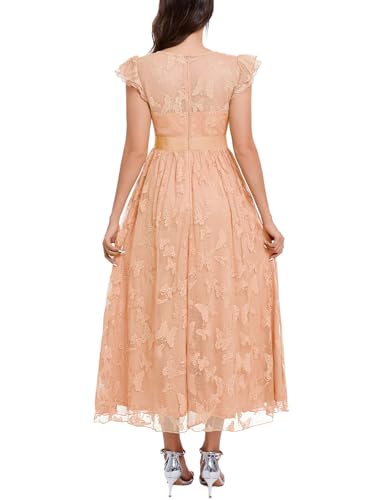 Image of Women's Casual Tulle Midi Dress Ruffle Sleeve Crewneck Lace Flowy Dresses Party Wedding Guest Sundress