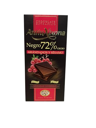 Antiu Xixona Chocolates Premium - Chocolate Negro 72% Cacao con Arándanos y Sésamo - Intenso Sabor y Aroma - Tableta de Chocolate Ngero 72% Cacao Arándanos y Sésamo de 100g
