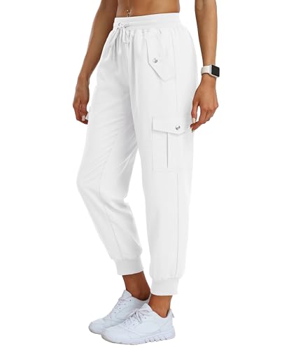 JINSHI Pantalon Femme Cargo Pantalon de Jogging Décontracté Léger Respirant Pantalons de Randonnée Trekking Multi-Poches Blanc Taille M