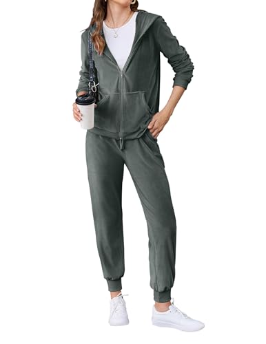 HOTOUCH Pajamas for Women Set Active Wear Outfits Hoodies Outfits Velvet Sports Wear Jogging Velour Tracksuit Womens y2k Grey, Large