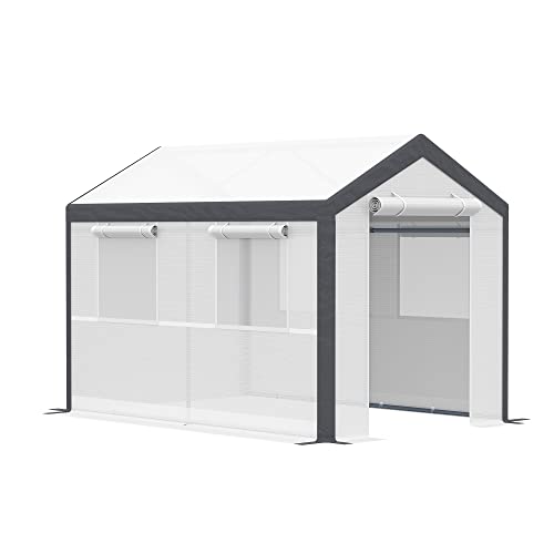 Outsunny 10' L x 7' W x 7' H Outdoor Walk-in Tunnel Greenhouse, Garden Warm Hot House with Roll Up Windows, Zippered Door, and Weather Cover, White/Dark Grey