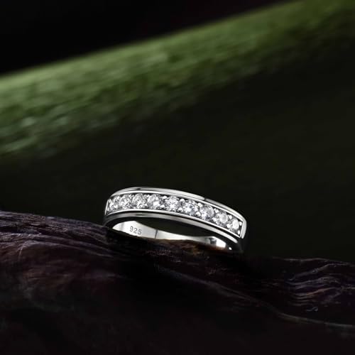 Mens Moissanite Wedding Band 925 Sterling Silver Rings For Men 14K White Gold Plated 1ct D Color VVS1 Clarity Brilliant Lab Created Stone 9 Round Cut Engagement Rings For Him Size 7-143