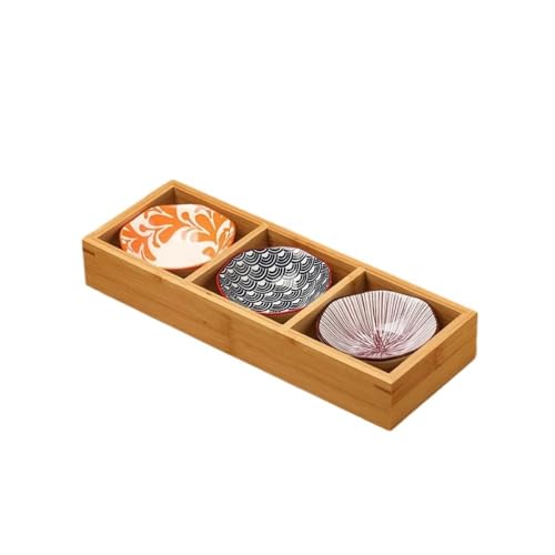 Giawkca皿、小皿セット、和風、竹皿、陶器、前菜皿、盛り鉢、深皿、仕切り付き、天然木、9点小鉢セット、醤油盆、前菜皿、盛り鉢、和食器、陶磁器、アイスクリーム、ソース盆、鍋、バーベキュー、寿司レストラン (3マス竹格子 + 蓮型プレート 3枚)