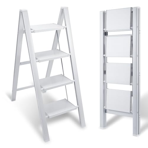 Yakimz Échelle en aluminium, 4 marches, tabouret en aluminium, antidérapant, petite et compacte, capacité de charge jusqu'à 150 kg pour la maison, le bureau, étagère portable (blanc)