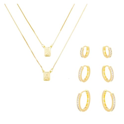 Kit Colar Escapulário Trio Brincos Argolas Cravejados Banhados a Ouro 18k
