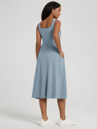 Image of ODODOS Square Neck Midi Dress with Pockets for Women Summer Casual Sleeveless Sundress Flare Tank Dress