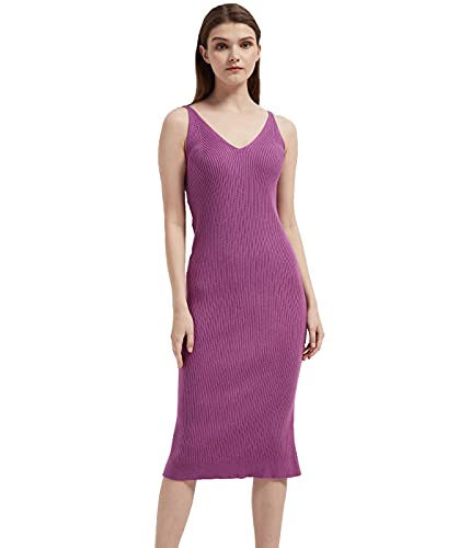 Image of Women's Sleeveless Sweater Dress Knit Slim V Neck Bodycon Midi Stretchable Elasticity Slim Fits