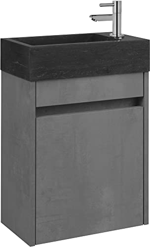Saqu Florence Gäste WC Waschbecken mit Unterschrank Vormontiert - in Betongrau mit Naturstein-Waschbecken rechts - Kleines Gäste WC Bad Möbel mit Waschtisch