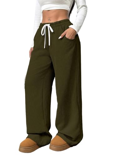 Image of Women's Trendy Korean Trouser with Pockets, Casual Corduroy Stretchable Baggy Loose || High Rise Elastic Waist Going Out Lounge Pants || Wide Leg Pants for Woman