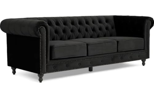 Image of Modern and Stylish 3 Seater Chesterfield Luxury Sofa with Valvet and Fabric Comfortable Sofa for Living Room, Dining Room, Hallway, and Office-(BLACKK).