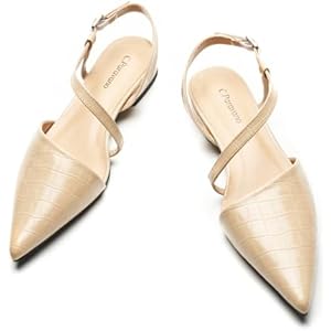 C.Paravano Women's Slingback Flats with S-Curve Strap - Crocodile-Embossed Pointed Toe Slip-On Shoes | Adjustable Back Comfortable Flat Sandals 9.5 Beige