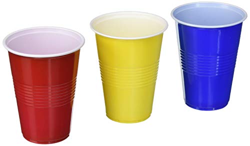 TashiBox 16 oz disposable plastic party cups - 150 count - Assorted color: 50 red, 50 blue, 50 yellow cups, Model Number: 16 oz disposable plastic party cups,