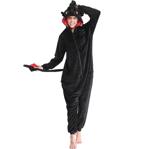 Kuberas Adult Dragon Onesie Costume Pajamas Animal Flannel Hooded One-Piece with Zipper Halloween Cosplay Costume Sleepwear Black