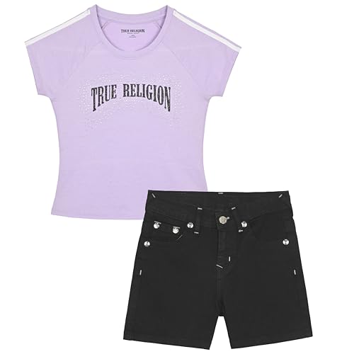 Image of True Religion Girls Jeans Shorts Set Girls Denim Short and Fashion Tee Shirt Clothing Set for Kids