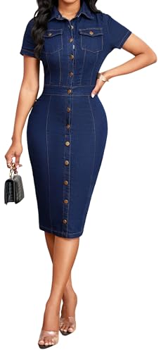 Image of SeNight Women Denim Dresses Elegant Sexy Short Sleeve Jean Party Dress