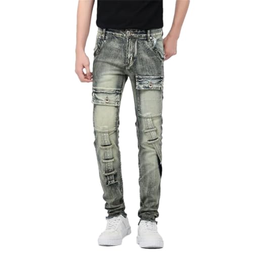 Men's Multi-Pocket Motorcycle Retro Distressed Color Personality Slim Fit Stitching Jeans