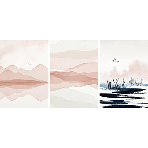 Paysages montagnes mur art rose et bleu marine - Affiche sur toile triptyque 60x90cm pour salon