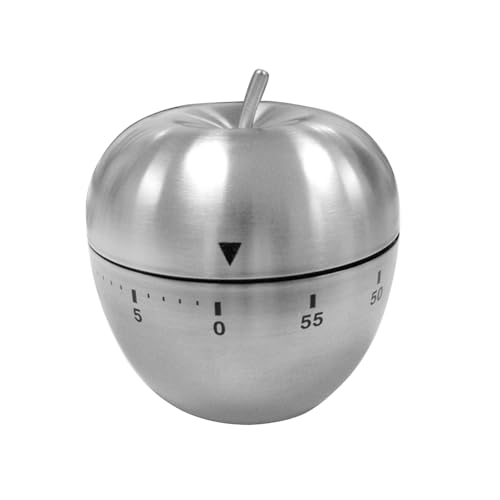 60 Minute Mechanical Kitchen Timer, Apple-Shaped Stainless Steel Wind Up Egg Timer, Analog Countdown 0-60 Min, No Batteries Needed, Silver, 2.36 x 2.95 in