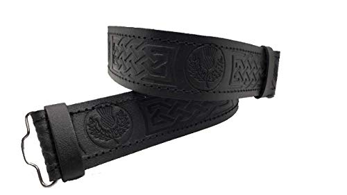 AAR Kilt Belt for Men Leather Black Thistle Embossed Design Scottish Highland S-2XL - Thumbnail 4