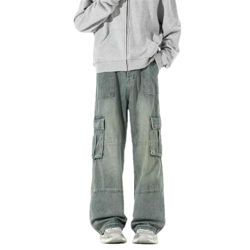 Men's Korean Version Leisure Baggy Straight Cargo Jeans Vintage Blue Denim Pants Multi Pocket Trousers