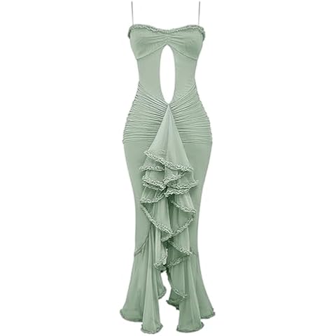 houstil Women's Strap Ruffle Casual Summer Dress Mesh Beach Party Maxi Cocktail Evening Holiday Wedding Guest Dresses(Greygreen, XS) Cover