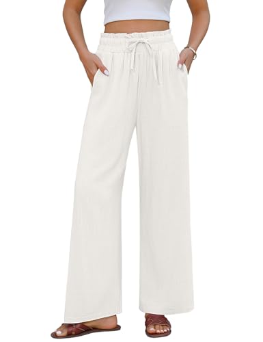 HEEKPEK Pantalon Lin Femme Fluide Été Large Pantalons Elastique Taille Haute Coton Chanvre Confortable Ample Pantalon Chic et Elegant Léger avec...