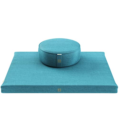 Image of Mindful Modern Meditation Cushion & Mat Bundle - Luxury Velvet Zafu Floor Pillow & Rectangular Mat - Turquoise