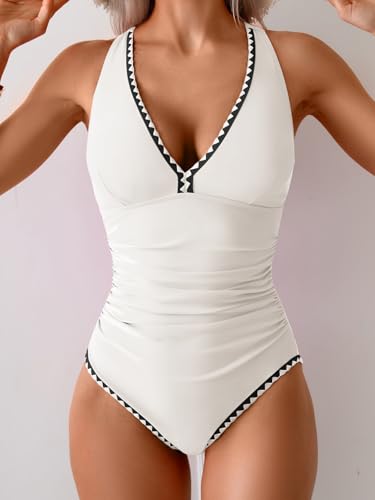Image of B2prity One Piece Swimsuit for Women Tummy Control Ruched Bathing Suit Push Up Tie Back Swimwear Shell Stitched