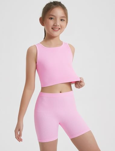 Image of EXARUS Girls 2 Piece Outfits Seamless Ribbed Cropped Tank Top Shorts Set | Teen Two Piece Outfit Tween Summer Dance Vacation Yoga Crew Neck Youth Athletic Workout Set Kids High Waist Elasticity 6-14Y