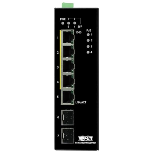 Image of Tripp Lite Industrial 5 Port PoE+ Ethernet Network Switch 10 /100 /1000 Mbps 14 to 140F Temperature Range Unmanaged 30W 2 SFP TAA Compliant DIN Mount (NGI-U05C2POE4)