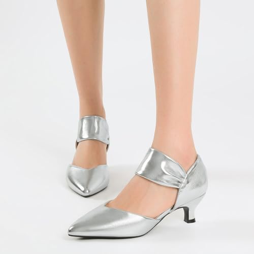 Image of RIBONGZ Kitten Heels for Women Closed Toe Comfortable Low Heels Pointed Toe Sexy Slip on Pumps Bridal Party Dressy Shoes