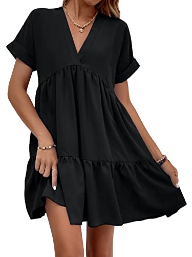 Image of WDIRARA Women's Roll Up Short Sleeve V Neck Ruffle Hem Solid Swing Smock Dress