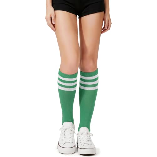Komorebi Womens Knee High Athletic Socks Stripes Tube Sport Socks Soft Strench High Socks for Women Outdoor Green White One Size