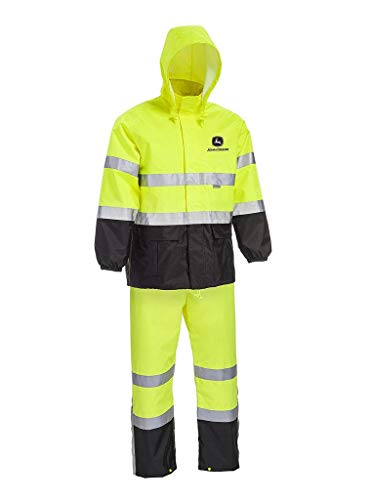 John Deere Unisex High Visability ANSI Class III Rain Suit Jacket and Bib with Color Block, High Visability, Water Resistant, and Reflective 3M Tape, Yellow, Black, X-Large (JD44530/XL)