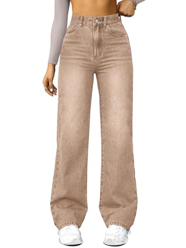 FUNUCA Straight Leg Jeans for Women,High Waisted Wide Leg Loose Microelastic Boyfriend Denim Pants Khaki