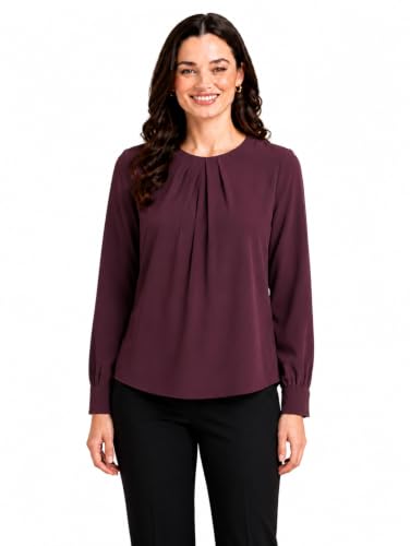 Image of Mirana Women's Full Sleeve Solid Top | Round Neck Pleated Front Regular Fit Office Casual Blouse with Button Cuffs