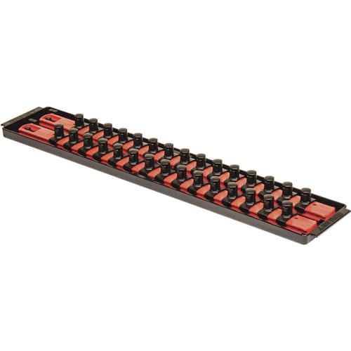 Image of Ernst Manufacturing 18-Inch Socket Boss 2-Rail 1 /2-Inch-Drive Socket Organizer with Twist Lock Secure Hold and Toolbox Drawer Tray, Red - Made in USA