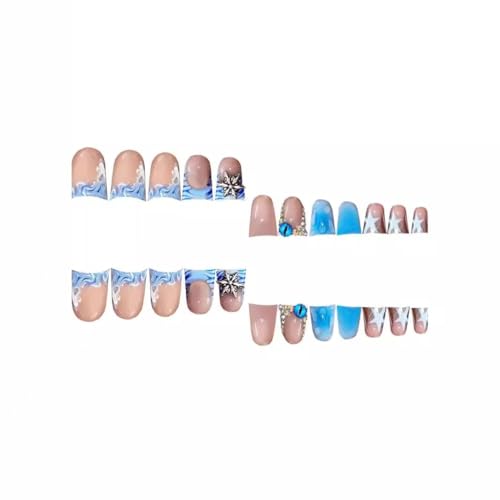 Image of Blue Duck Nail Press ons Star Fake Nails Water Drop with Design Spindrift Glue on Nails French Tip Press on Nails Glossy Artificial Acrylic Nail Eye Rhinestone Stick on Nail for Women Manicure 24Pcs
