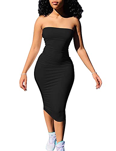 cailami Women s Bodycon Sleeveless Tube Top Sexy Strapless Midi Club Dresses, Large, Black
