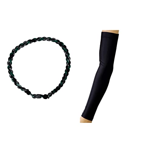 Sports Farm - Solid Black Sports Arm Sleeve With 3 Rope Tornado Baseball Necklace Team Colors Uniform Jersey (Green Black, Youth Medium)