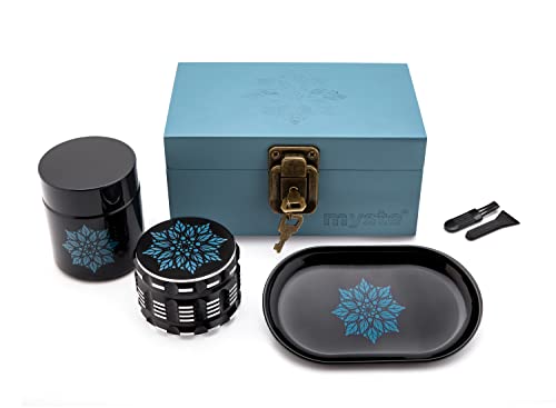 MYSTE BLUE MANDALA Stash Box avec Accessoires, Grand Grinder 63 mm, Set Anti-Odeur, Stashbox Combo Kit, Verrouillable, Rolling Tray Set Cover
