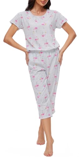 Image of CHUNG Women Cotton Pajama Sets Sleepwear pjs Short Sleeve Shirt Capri Length Crop Pants Cute Vivid Print